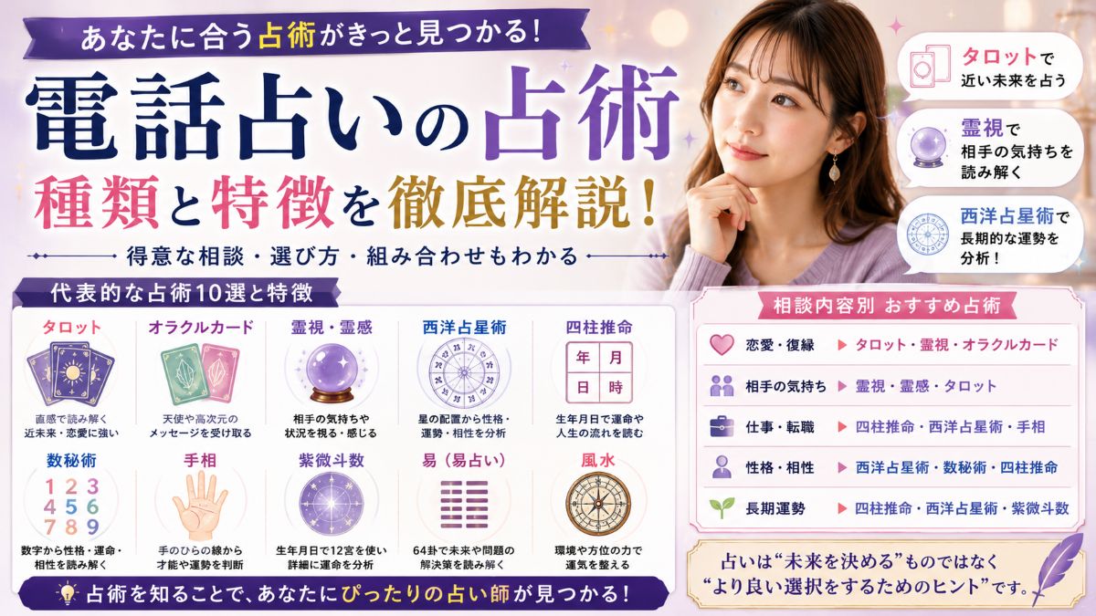 電話占いの占術とは?種類・特徴・相談内容別おすすめ早見表